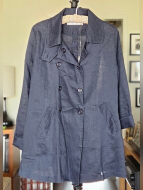 Women's French Linen Double-Breasted Trench Jacket - Blue with Seahorse Motif
